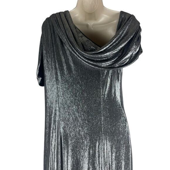 Tadashi Shoji Copley Shoulder Drape Lame Gown Silver Steel Size XL - Picture 10 of 13